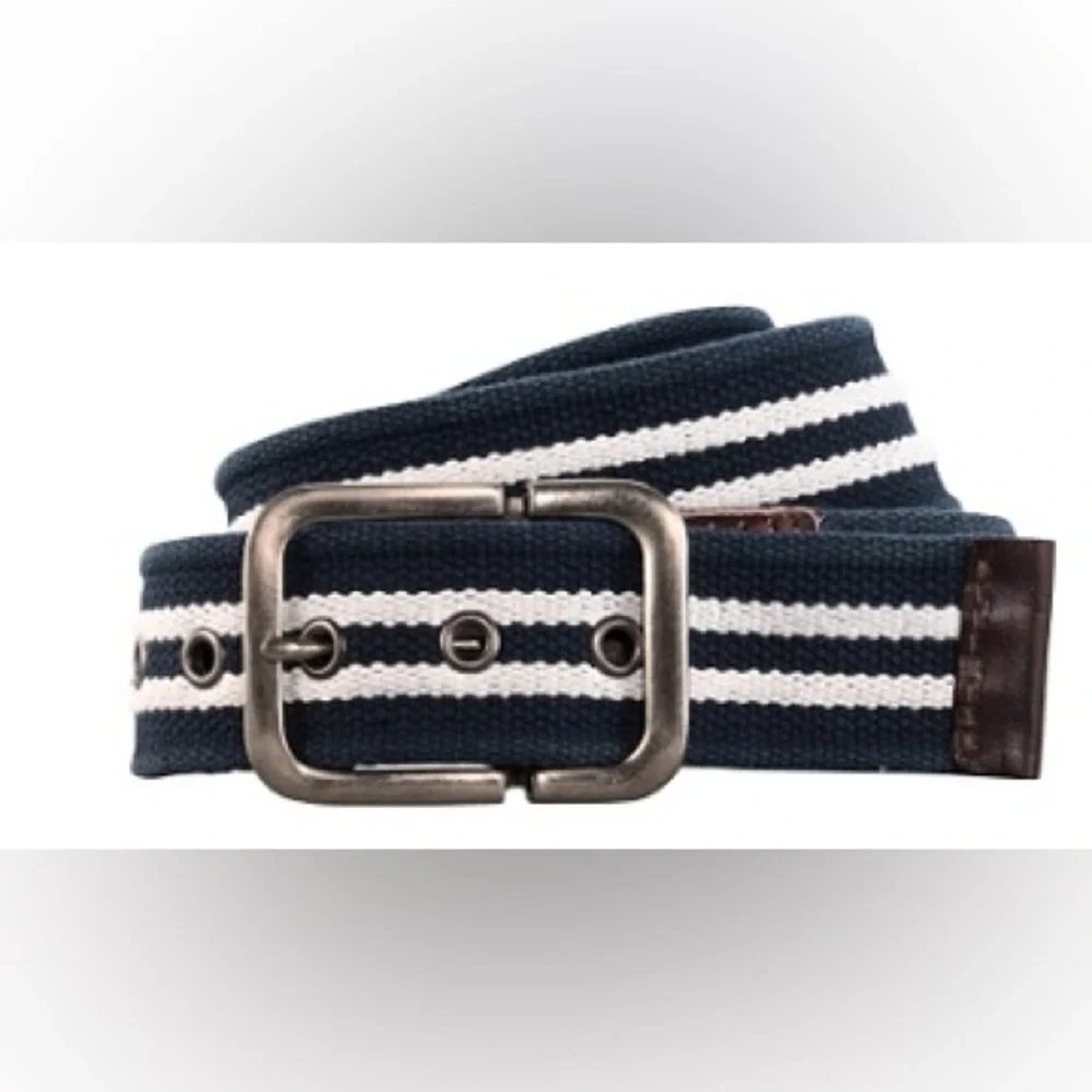 Timberland Mens Vintage White Navy Striped Canvas Grommet Detail Leather Belt